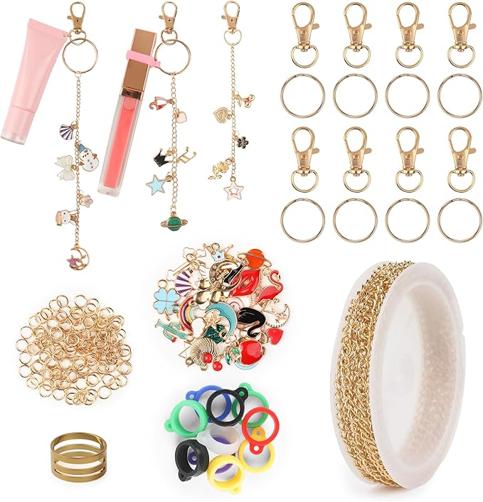 Starry 158 Pcs Lip Gloss Keychain Making Kit 30 Charms 6.56 ft Gold Chains Rubber Lipgloss Ring Keychain Clips for DIY Crafts Women