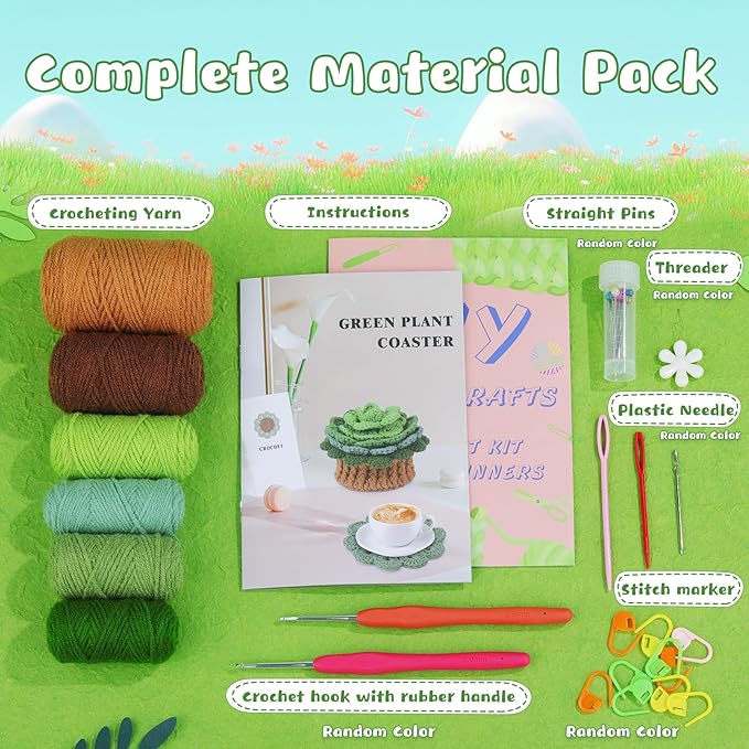 LUNARM Crochet Kit for Beginners, Crochet Start Kit Green Plant Coasters with Step-by-Step Video Tutorials, Easy-to-Learn Knitting with Hook and Yarn, Beginner-Friendly