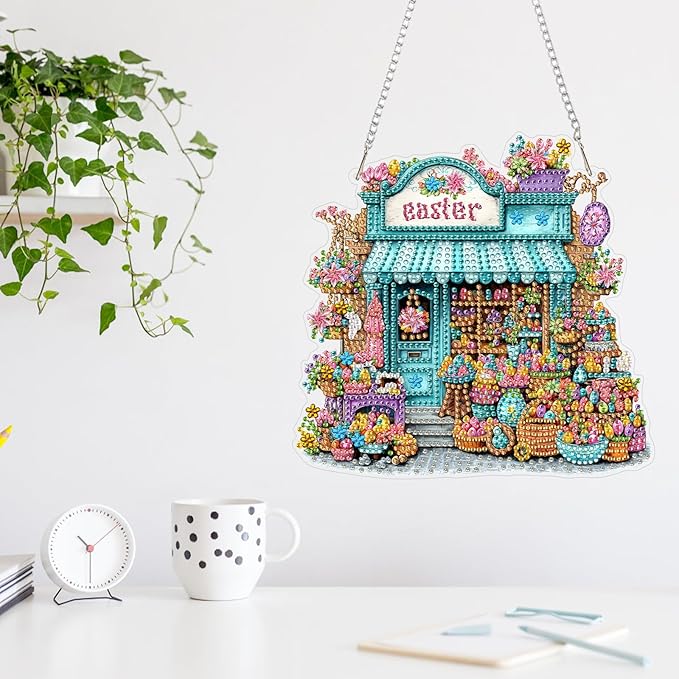 MAXBYE Easter Diamond Art Painting Kits Hanging Easter Egg Shop Pendant, DIY 5D Special Shaped Gem Art Craft Diamond Dots for Adults and Home Window Door Decor 8×12Inch