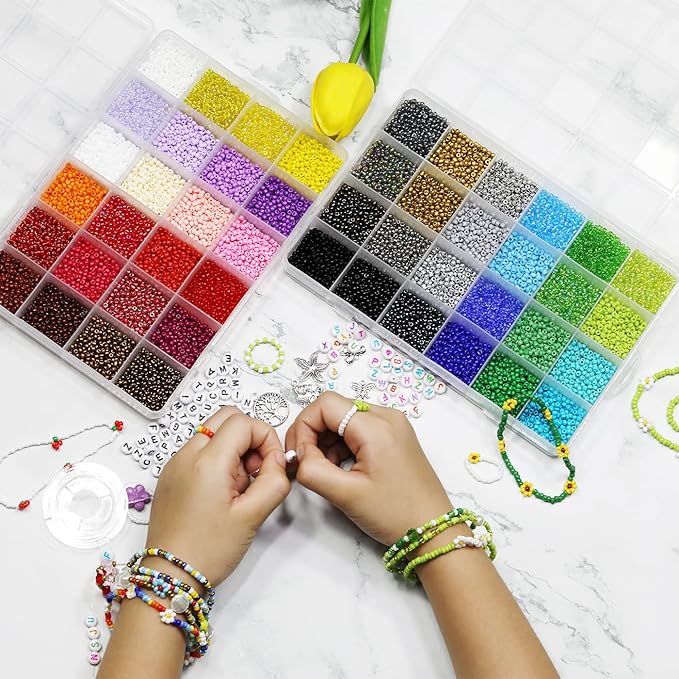 18800Pcs 3mm 48-Color Glass Seed Beads + 260 Alphabet Letter Beads DIY Jewelry Making Kit | Adult Craft Supplies with Elastic String, Charms, Rings for Bracelet Necklace Art Projects