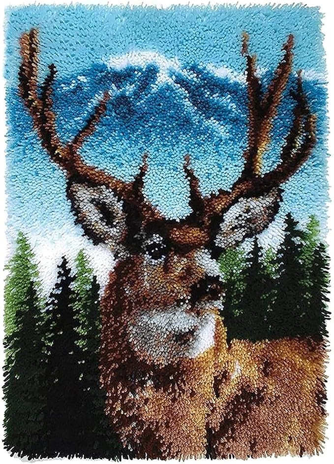ZFFLYH Deer Latch Hook Kit, DIY Large Latch Hook Kit for Adults 3D Printed Canvas Pattern Crochet Handcraft Embroidery Tapestry Hobby & Crafts 85cmX63cm/33.5X25inch
