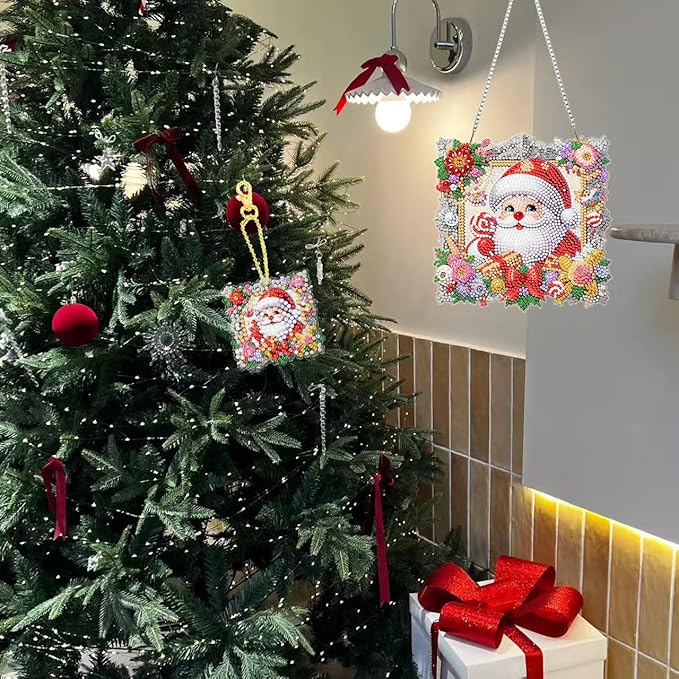 Masendp DIY Christmas Diamond Art Painting Garland Set, Special Shape Rhinestone Hanging Decoration Diamond Art Window Pendant Gift Home Garden Wall Hanging Kit, Double Sided (Santa Claus)