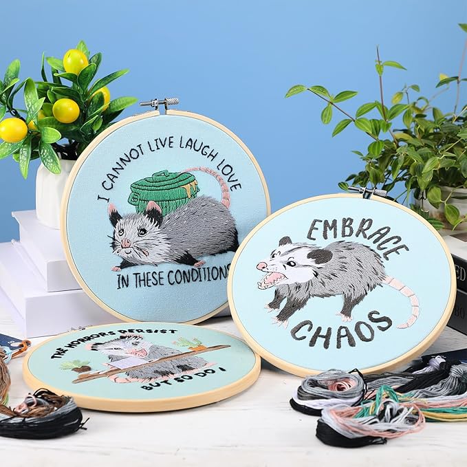 Mindsoft 3 Sets Possum Embroidery Kit with Embroidery Hoop Easy Pattern Needlepoint Kit for Beginners and Adults Hand Crafts Needlepoint Set with Needles Thread and Instruction
