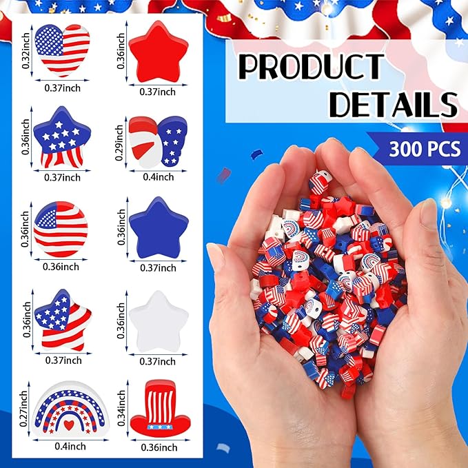 Augshy 300Pcs Patriotic Polymer Clay Beads, Round Red White Blue Stars Hearts Circles Butterflies Hats Rainbows 4th of July American Flag Spacer Beads for Bracelet Necklace Making Earrings Craft