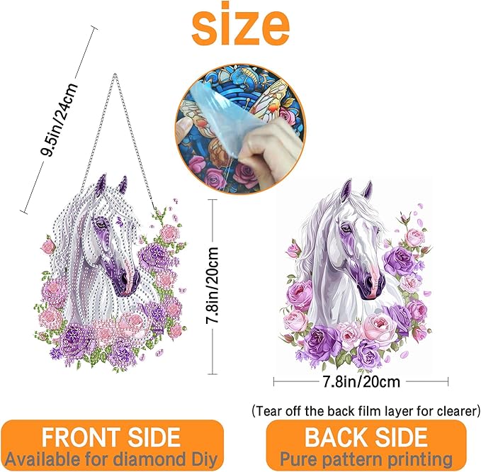 Ginfonr Diamond Painting Kits Hanging Pendant, White Horse Diamond Art Kits for Adults, Special Shaped Rhinestone Animals Diamond Art, Double Sided Home Hanging Kits for Garden Wall Window (8 x 8inch)