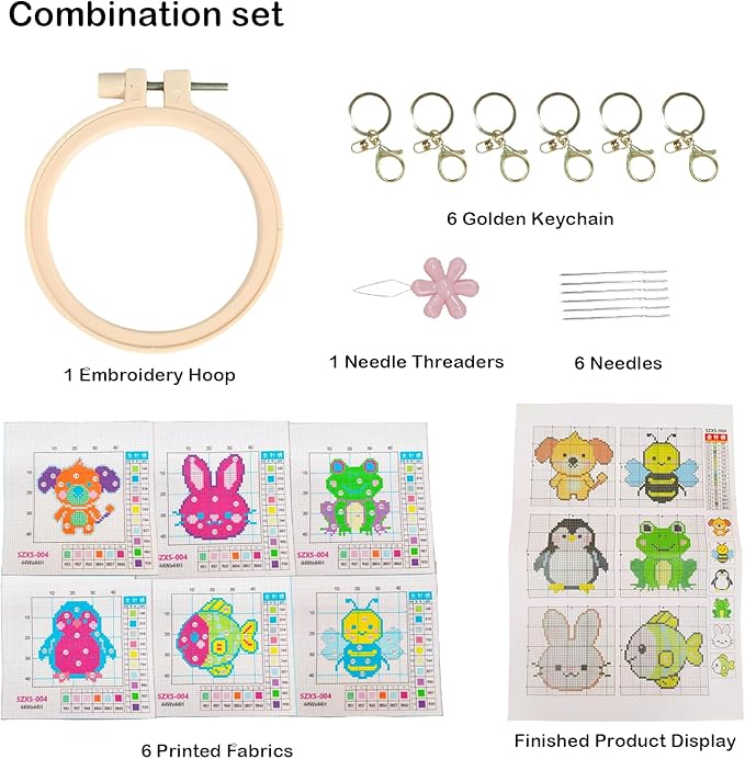 57lilina Cross Stitch Kits for Kids - 6 Set Easy Beginners Embroidery Kit for Kids, DIY Cute Pre Printed Stamped Crossstitch Needlepoint Patterns Craft for Backpack Charms, Keychains & Girls Gifts