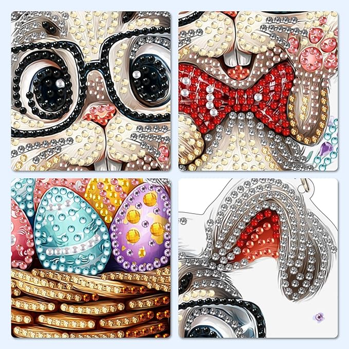 MXJSUA Happy Easter Bunny Diamond Art Hanging Kits for Adults Beginners, Crystal Diamond Suncatchers, Special Shape Diamond Painting Pendant Window Ornament Gifts for Home Garden Door Wall Decor