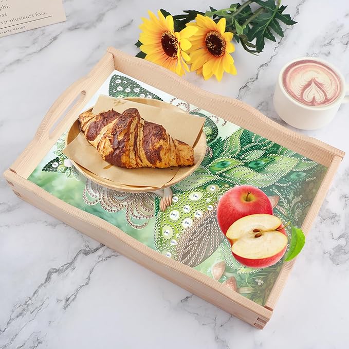 DIY Diamond Art Tray with Handle Diamond Art Painting Plate Creative Design Handmade Wooden Tray Mosaic Making Kits by Number Kit Diamond Art for Coffee Living Room Home Organizer (Green Mushroom Elf)