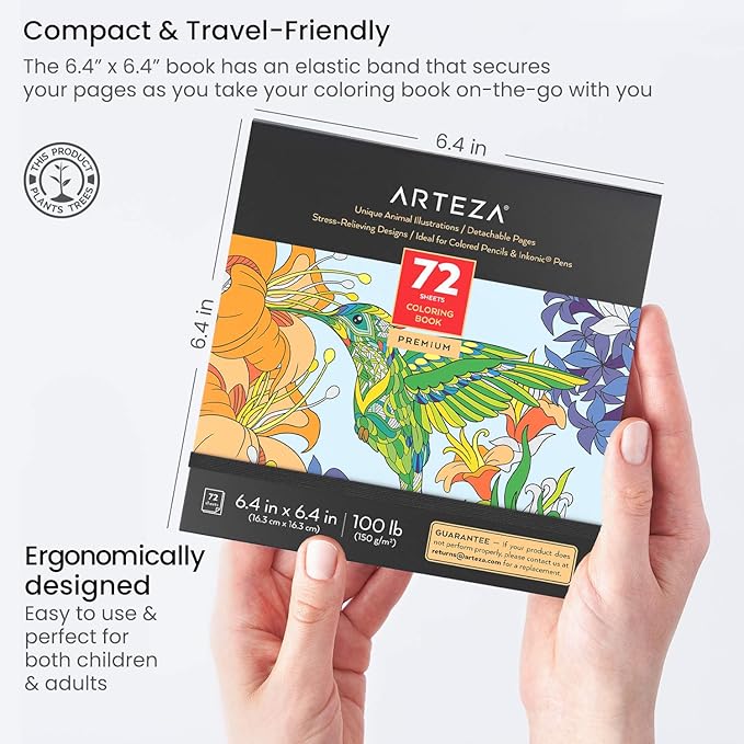 Arteza Coloring Book for Adults, 6.4 x 6.4 Inches, Animal Designs, 72 Sheets, 100 lb Paper, Detachable Pages, Black Outlines, Art Supplies for Relaxing, Reflecting, and Decompressing