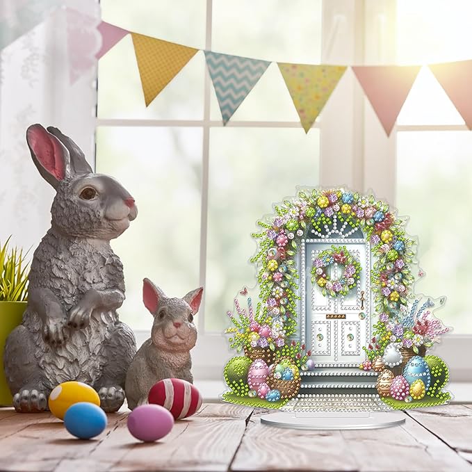 DIY Dot Diamond Desktop Easter Creative Ornaments Diamond Art Painting by Number Embroidery Arts and Crafts Easter for Home Office Garden Decoration (Single Side Dot Diamond)-#03-Easter