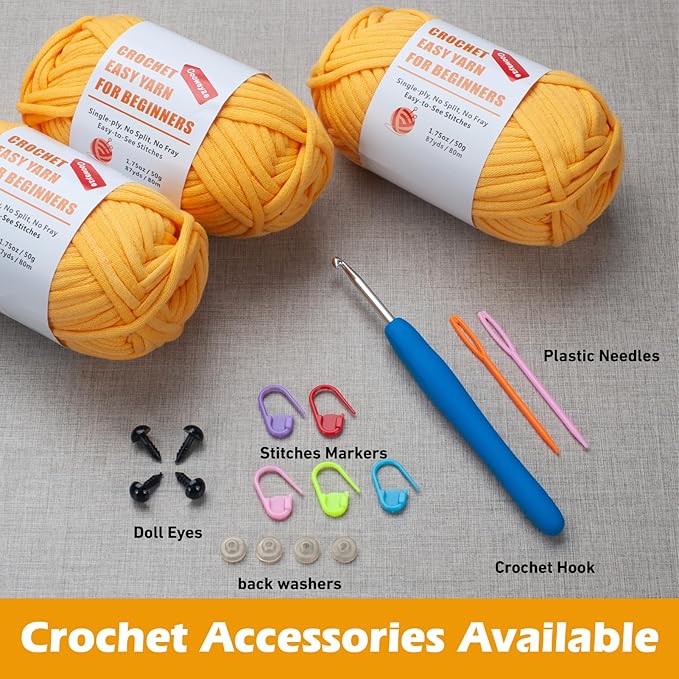 Crochet Yarn for Beginners, 3 Pack1.8 oz Yellow Amigurumi With Easy-to-See Stitches and No Split, Worsted Medium #4, Cotton-Nylon Blend, Thick & Soft
