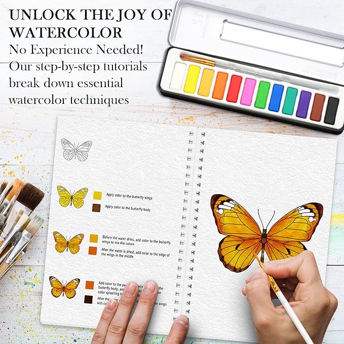Watercolor Workbook, Watercolor Workbook Paint Book Beginner Friendly with 12 Patterns, Beginner-Friendly Watercolor Workbooks with 12 Paint Colors & Brush, Water Color Paint Set, Valentine's Day Gift