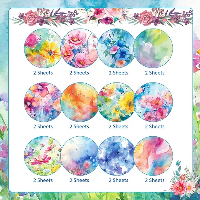Konsait 24 Sheets Flower Scrapbook Paper 12x12 Watercolor Pattern Paper Double Sided Floral Cardstock Craft Papers for Card Making Kit Origami Papers Romantic Scrapbook Supplies