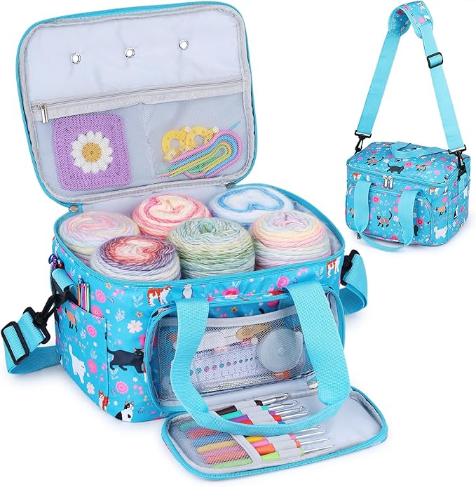 Aeelike Yarn Storage Organizer Travel Crochet Bag, Large Capacity Tote Bags Knitting Bag for Carrying Projects, Knitting Needles,Crochet Hooks and Yarn, Blue Cat Flower