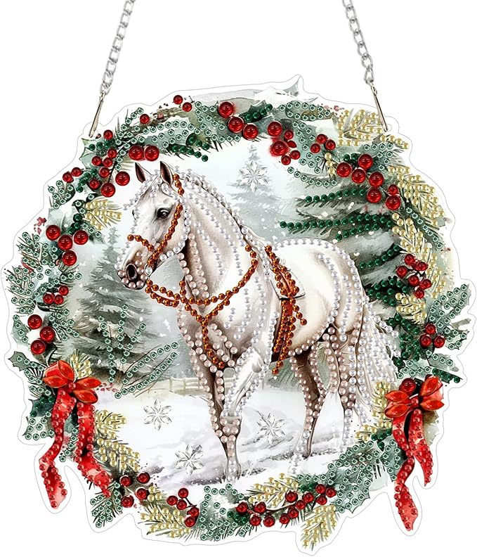 SENQAO Horse Diamond Art Hanging Kits for Adults Kids, Christmas Diamond Art Suncatchers, 5D Special Shape Diamond Painting Pendant Window Ornament Gifts for Home Garden Door Wall Decor