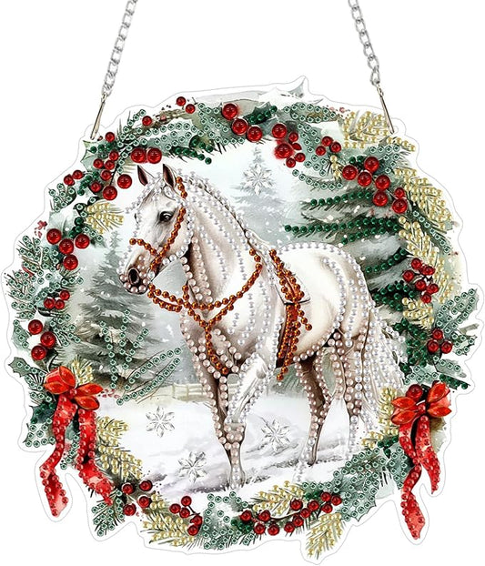 SENQAO Horse Diamond Art Hanging Kits for Adults Kids, Christmas Diamond Art Suncatchers, 5D Special Shape Diamond Painting Pendant Window Ornament Gifts for Home Garden Door Wall Decor