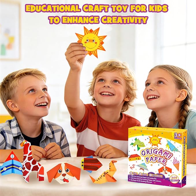 Pigipigi Kids Craft Origami Paper Kit for Kids Ages 5-8 8-12, with Guiding Book, 208 Sheets DIY Art and Crafts Supplies, Colorful Folding Papers Set Projects Gifts Activity for Boy Girl Toys(Cartoon)