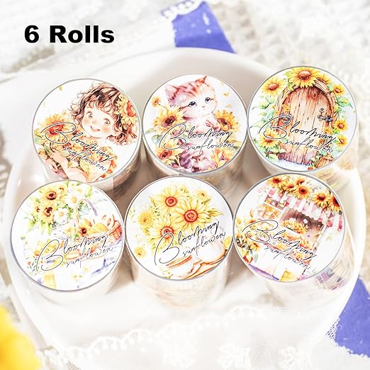 Blooming Sunflower PET Tape Set, 6 Rolls of Pre-Cut Floral Stickers for Journaling, Scrapbook Supplies, DIY Crafts, and Decorative Art
