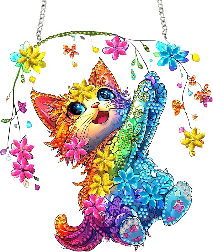 SKRYUIE Cat Hanging Diamond Art Kits for Adults Pendant Suncatcher, Special Shaped Crystal DIY Pearl Diamond Painting Kit, Gift for Mother Spring Summer Window Wreath Decor 7.72 x 7.37 Inch A23