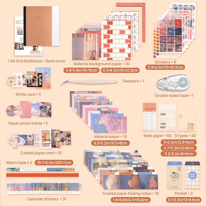 imoon Scrapbook Photo Album Supplies Kit with Tweezers and Glue Tape – Romantic Aesthetic Junk Journal Kit, Scrapbooking Paper, Sticker Pack, Notebook, DIY Craft, Gift for Adults (Sunset)