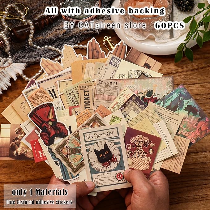 CATaireen Vintage Junk-Journal Mixed Paper Scrapbooking Embellishments Set Retro Journaling Decoupage Stickers Textured Packaging Decorative Cards Tags Kit (Library 2)