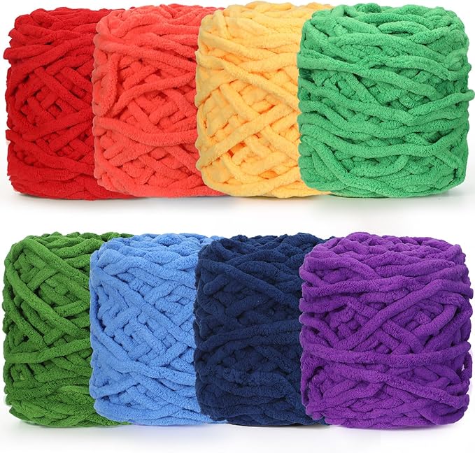Buryeah 8 Pack Chunky Chenille Yarn for Crocheting Soft Thick Fluffy Yarn for Hand Knitting Bulky Velvet Blanket Plush for Weaving DIY Crafts Each 3.5 oz 55 Yards (Rainbow Colors)