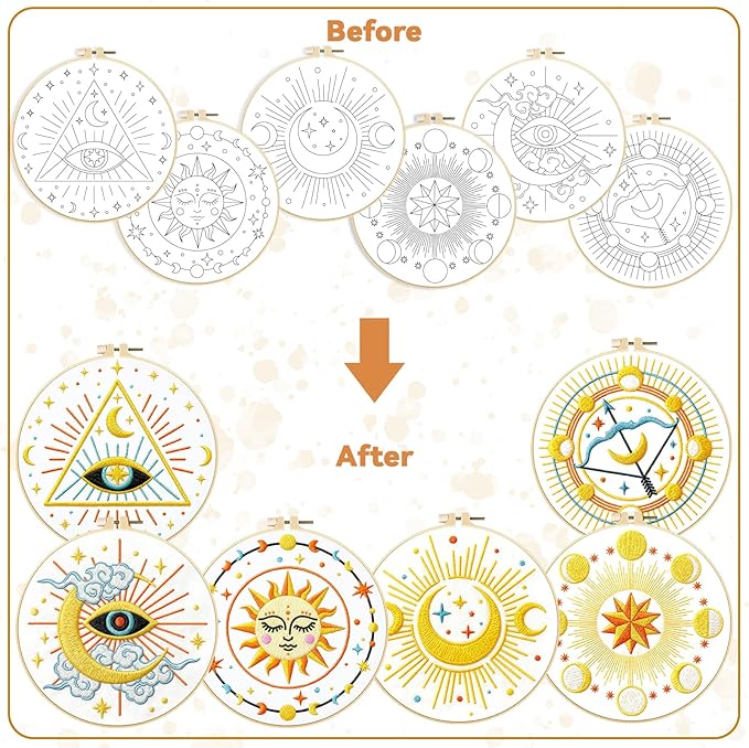 BEUNITONE 6 Sets Tarot Embroidery Kits for Beginners with Dreamy Sun Moon Stars Eye Patterns, DIY Craft Kits for Adults Women with Embroidery Hoops and Full Kits, Needlepoint Kits for Home Decor