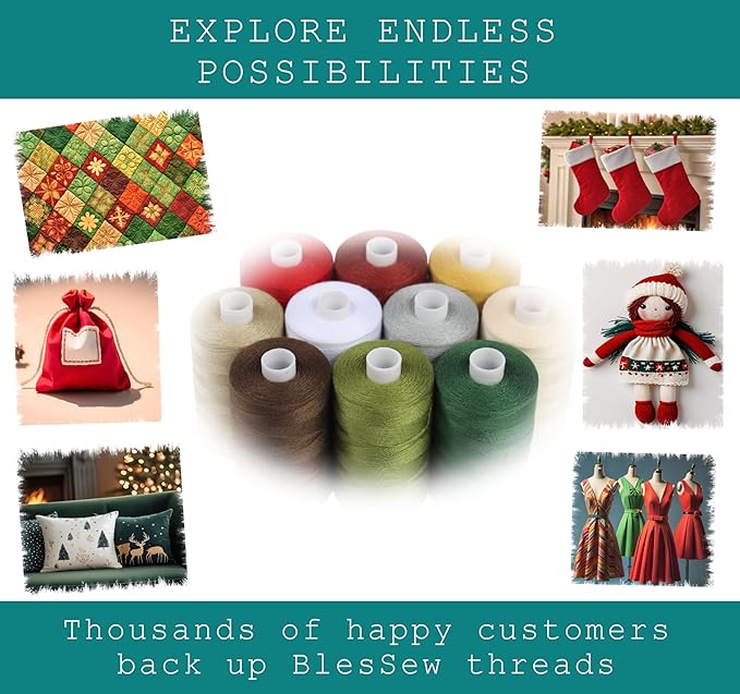 BlesSew Sewing Threads - 10 Spools of Polyester Thread for Sewing Machine for Beginners, Hand Stitching & Quilting - Christmas & Festive Color Tones - 1000 yds Per Spool
