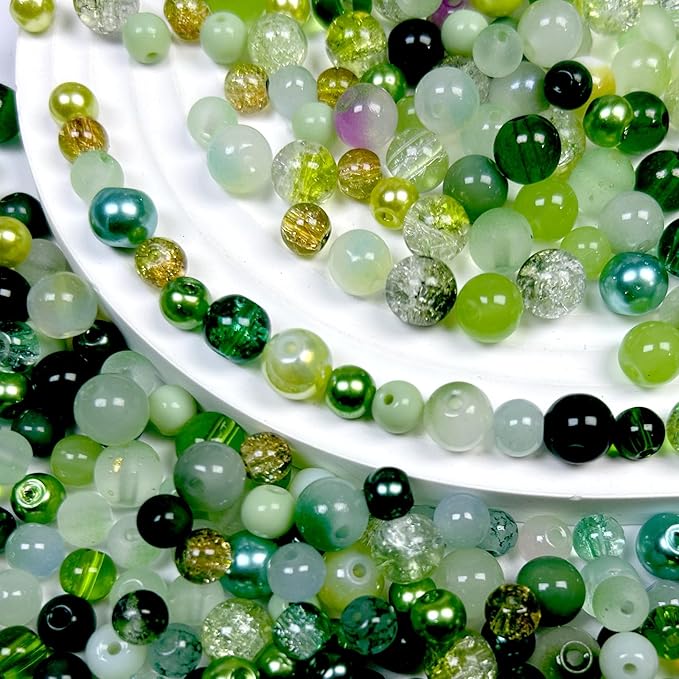 450pcs Glass Beads for Jewelry Making, 6/8mm Assorted Crystal Loose Beads, Green Series Round Spacer Bead Kit for Bracelet Necklace DIY Craft