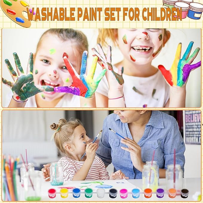 DUA MAIGA 280 Pcs Washable Acrylic Paint for Kids Arts and Crafts, 20 Gouache Watercolor Paint Sets of 12 Colors for Party Classroom Painting Supplies, 20 Flat and 20 Pointed Brushes