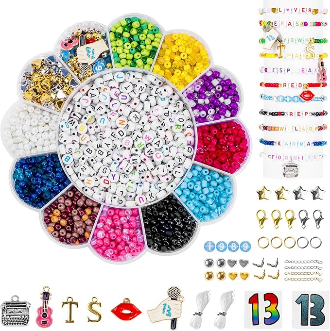 Goldwise Friendship Bracelet Kit for ERAS Tour, 30 Colors(Album Inspired) 4mm Glass Seed Beads for Jewelry Making, Letter Beads (A-Z) with Charms, 13" Tattoo Sticker, DIY Crafts for Gifts Birthday