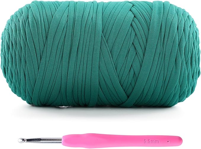 1 Pack T-Shirt Crochet Yarn for DIY Knitting Crochet Cloth Blanket Bag Dolls - 400g Chunky Thick Yarn for Crocheting with Polyester-Spandex Blend Elastic Fabric (Pore Green)