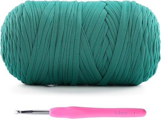 1 Pack T-Shirt Crochet Yarn for DIY Knitting Crochet Cloth Blanket Bag Dolls - 400g Chunky Thick Yarn for Crocheting with Polyester-Spandex Blend Elastic Fabric (Pore Green)