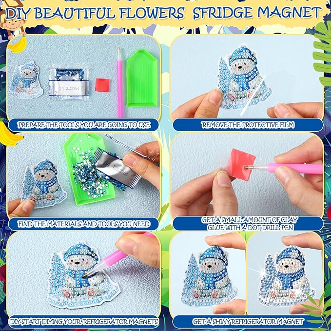 Xuhal 30 Pcs Winter Diamond Painting Magnets Winter Animal Diamond Art Kits for Adults 5d Rhinestone Blue Snowflake Christmas Animal Refrigerator Magnetic Sticker for DIY Craft Fridge