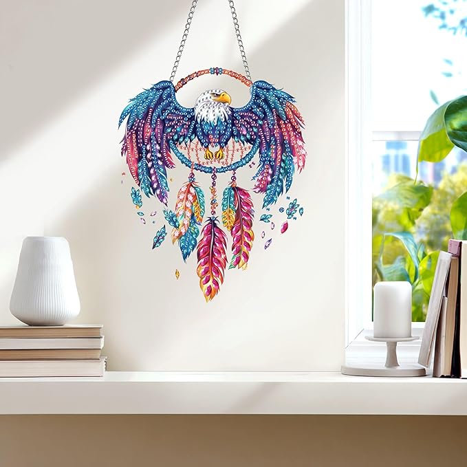 Wergund 5D DIY Eagle Diamond Art Hanging Kits, Hanging Diamond Art Dream Catcher, Acrylic Special Shaped Rhinestone, Window Hanging Pendants for Home Wall Garden Front Door Outdoor Decor Gift(Eagle)