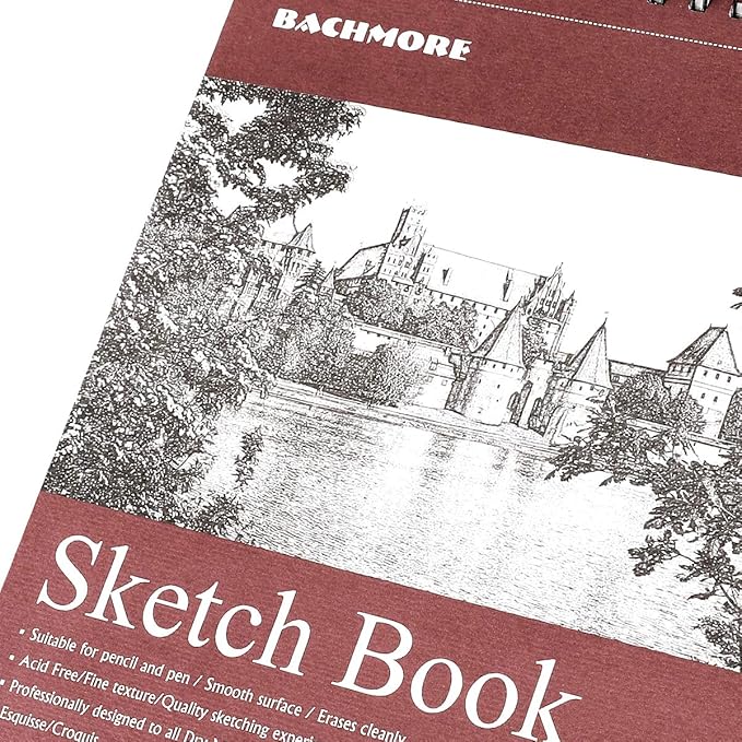 bachmore sketchpad 9x12 inch (68lb/100g), 100 sheets of top spiral bound sketch book for artist pro & amateurs | marker art, colored pencil, charcoal for sketching