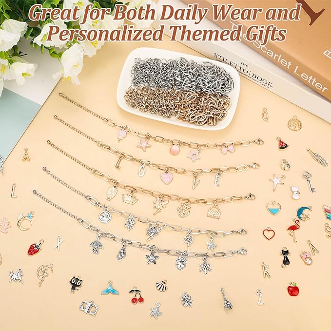 Mckanti 674 Pieces Charm Bracelet Making Kit, Including Paperclip Chain Bracelets, Charms, Jump Rings for DIY Bracelet Making(Gold & Silver)