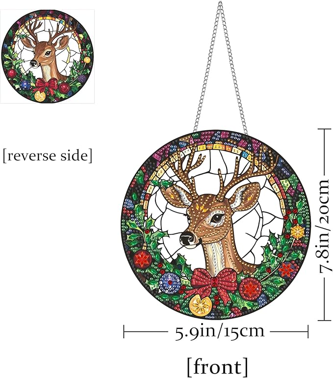 Hanging Diamond Art Kits for Adults Christmas Deer – 8x8 Inch Double-Sided Acrylic Board DIY Crystal Diamond Suncatcher Pendant, Sparkling Home Wall or Window Decoration Handmade Gift