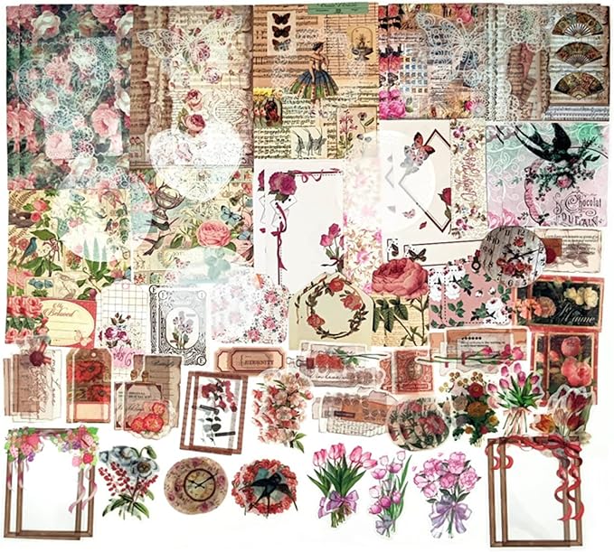 Esweny 100 PCS Vintage Ephemera Pack Journaling Scrapbooking Supplies Scrapbook Sticker Paper Kit for Junk Journal Planners Collage Craft Notebooks Decoupage Album (Flowers)