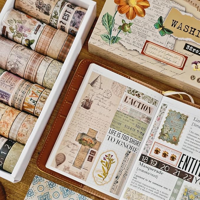 32 Rolls Vintage Washi Tape, Aesthetic Colored Decorative Cute Scrapbook Tape for Scrapbooking Supplies Journaling Craft Junk Journal
