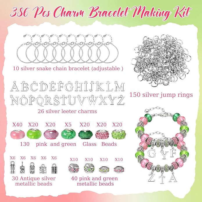 Batiyeer 237 Pcs Sorority Gifts for Women, DIY Sister Pink and Green Bracelets Making Kit, Paraphernalia Sorority Gifts for Women Sister Lady Greek Crystal Charm Sparkling Dress Accessory