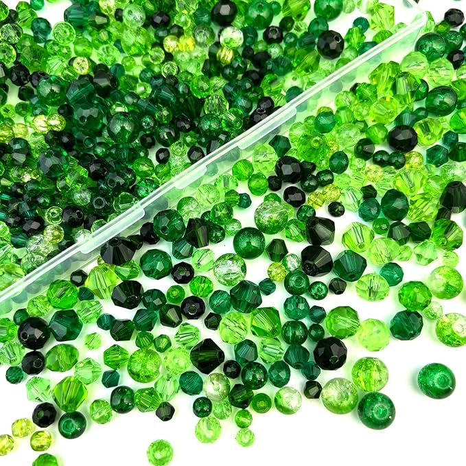 1000pcs Crystal Glass Beads for Jewelry Making - Green Color Assorted Size and Styles (Bicone, Rondelle, Crackle Round) Craft Glass Beads, DIY Bracelet Necklace Earring Craft Kit with Organizer Box