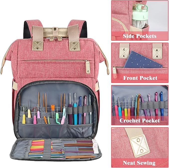 LTINVECK Crochet Backpack,Knitting Bag Backpack Yarn Storage Organizer Travel Crochet Bag,Yarn Storage Tote Bag Yarn Holder Case for Knitting Needles,Crochet Hooks,Crochet Accessories