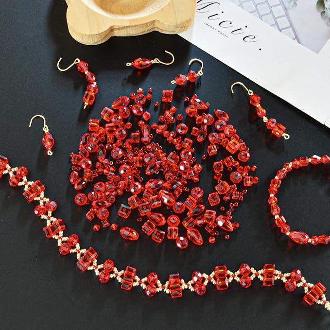 1500 Pcs Crystal Glass Beads for Jewelry Making – 12 Styles Bicone, Rondelle, Cube, Teardrop & 3mm Spacer Beads, DIY Bracelet Necklace Earring Craft Kit with Organizer Box(Red)