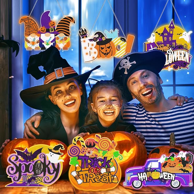 Chiisong 6 Pcs Halloween Diamond Art Painting Kits Hanging Sign Set Witch Pumpkin Gnome Glow in The Dark Diamond Art Painting Kits Halloween Hanger Adult 5d DIY Craft for Wall Door Window Porch Decor