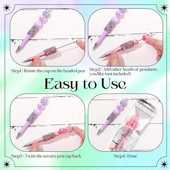 40 Pcs DIY Beaded Pens Kit, 10 Rhinestone Glitter Beadable Pens with Refills & Bags & Card (Beads Not Included) for Cute Craft Gifts Making School Supplies Office Accessories(Mini Beads)