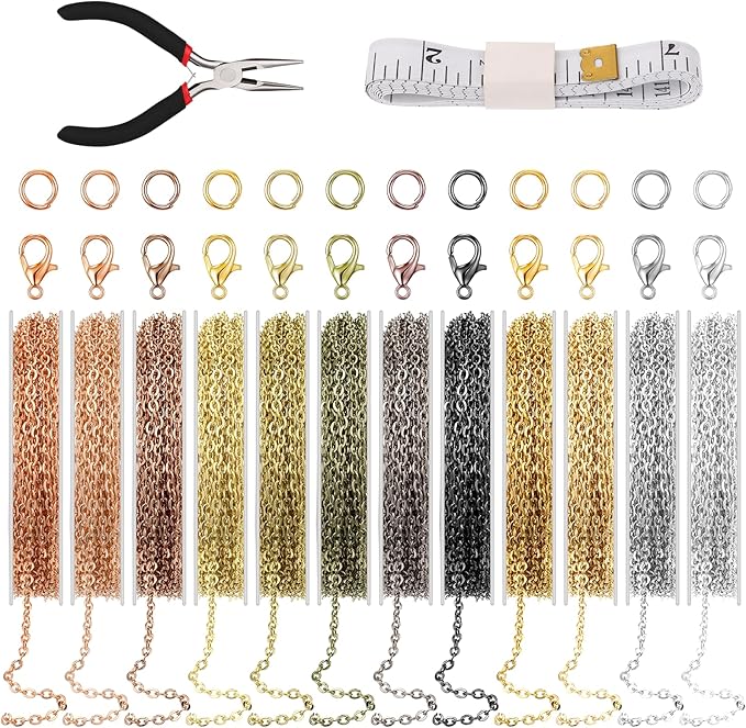 12 Rolls 120 Feet Necklace Chain for Jewelry Making 2 mm Bulk 12 Colors Necklaces-Chains for Necklace Bracelet Supplies Findings with Pliers,Measuring Tape, 120 Lobster Clasps and 360 Jump Rings