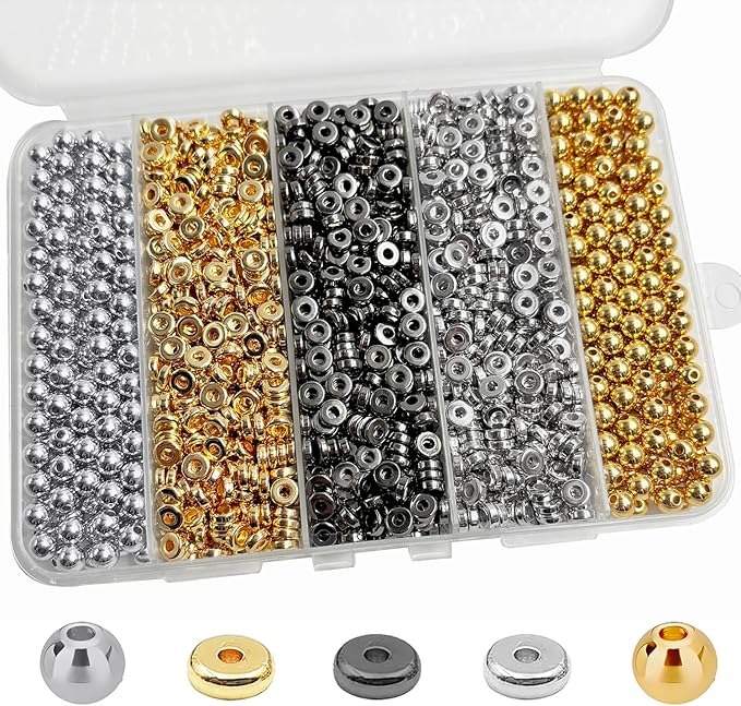6mm Flat Round Spacer Beads, 1480pcs (280Round) - Gold, Silver, Black - Copper Coated Plastic - DIY Jewelry Making Kit