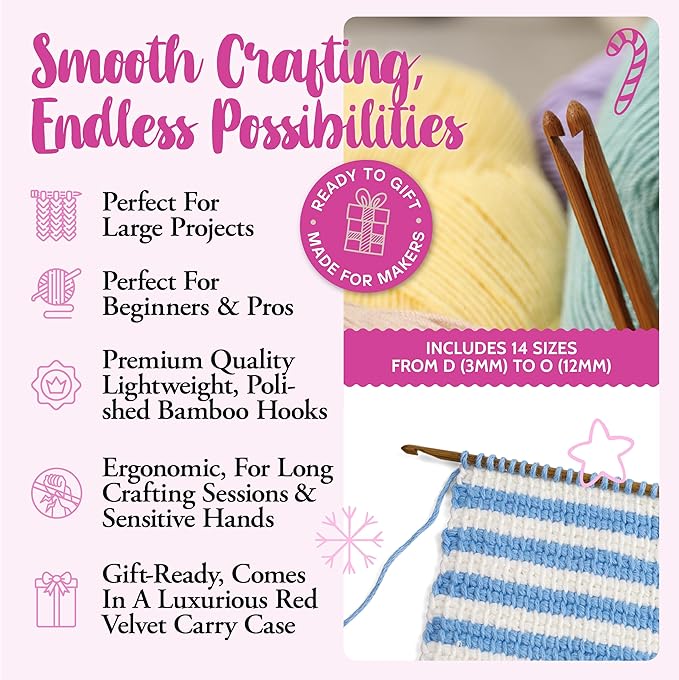 KnitPal 24-inch(60cm) Flexible Afghan Cabled Hooks Kit (3 Free Patterns), 14 US Sizes from D to O (3-12mm),for Tunisian Crocheting, for Beginners and Experts