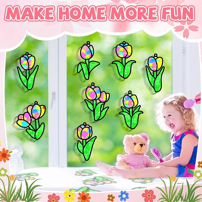 Lonfliness 32 Sets Spring Tulip Suncatchers Craft Kit DIY Window Stained Glass Effect Colorful Tulip Paper Crafts Home School Classroom Decoration Birthday Gift Creative Art Project & Activity Game